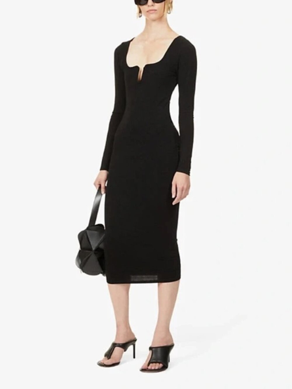 🖤 NWOT Good American U-Ring Long Sleeve BLack Bodycon Midi Dress Size M